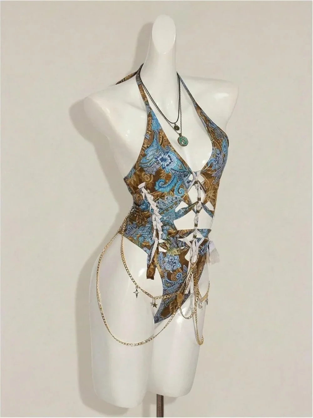 Women's Blue Gothic Cut Out Lace Up Bodysuit Going Out Halter Neck Rave